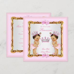 Twin Girls Princess Baby shower Gold Pink Brunette Kaart