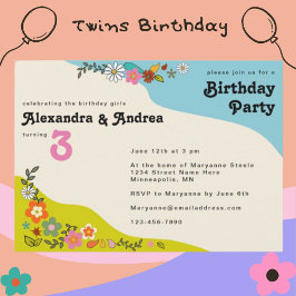 Twin Girls Retro 70's Floral Birthday Party Invita Kaart