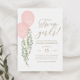 Twin Girls roze ballon Eucalyptus Baby shower Kaart