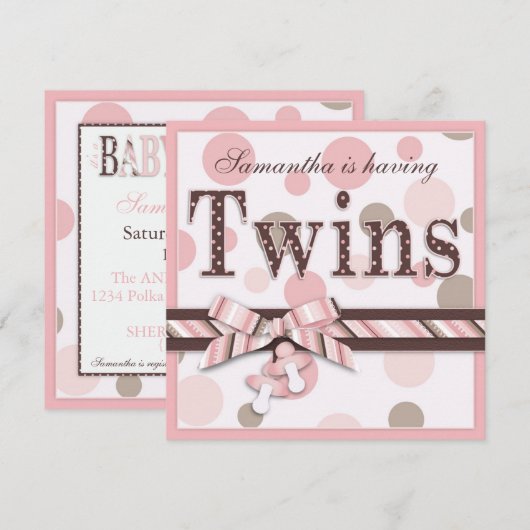 TWIN GIRLS Roze Stippen Baby shower Kaart (Voorkant / Achterkant)