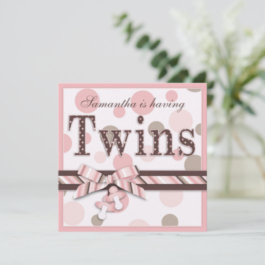 TWIN GIRLS Roze Stippen Baby shower Kaart (Staand voorkant)