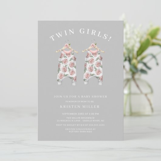 Twin Girls Rozen Romper Baby shower Kaart (Staand voorkant)