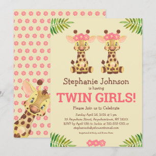 Twin Girls Safari Giraffe Cute Baby shower Kaart