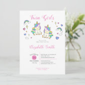Twin Girls Schattigee eenhoorn baby shower Uitnodi Kaart (Staand voorkant)