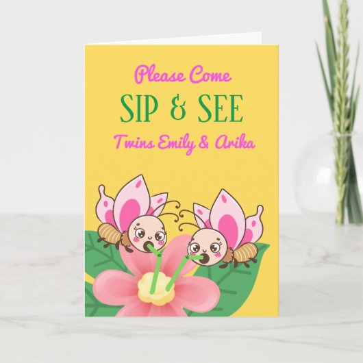Twin Girls Sip en See Baby shower Invitation Kaart (Voorkant)