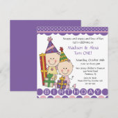 Twin Girls Stick Figuur Twins Birthday Invitation Kaart (Voorkant / Achterkant)