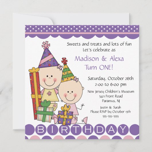Twin Girls Stick Figuur Twins Birthday Invitation Kaart (Voorkant)