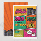 Twin Girl's Superheld Invitation Party Kaart (Voorkant / Achterkant)