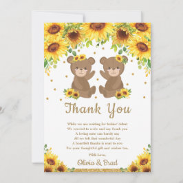 Twin Girls Teddy Bear Sunflower Baby shower Bedankkaart