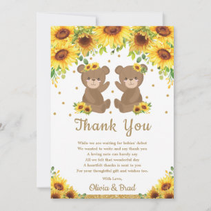 Twin Girls Teddy Bear Sunflower Baby shower Bedankkaart
