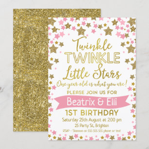 Twin Girls Twinkle Little Star Birthday Invitation Kaart