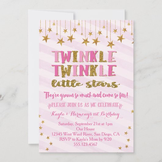 Twin Girls Twinkle Twinkle Little Star Invitation Kaart (Voorkant)