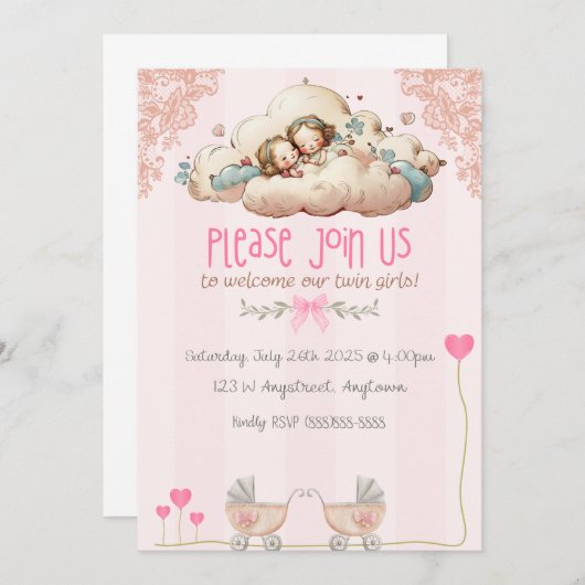 Twin Girls Uitnodiging (Voorkant / Achterkant)