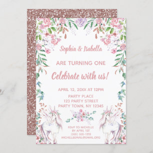Twin Girls Unicorn Glitter First Birthday Kaart