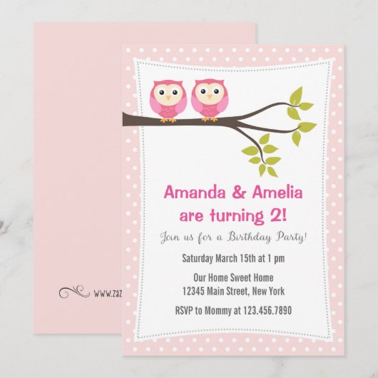 Twin Girls Verjaardagsfeestje Uitnodiging Uilen (Voorkant / Achterkant)