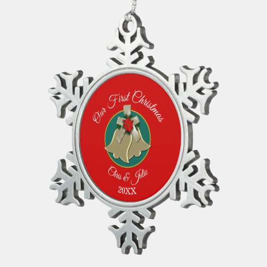 Twin Gold Bells Onze Eerste Kerstmis Tin Sneeuwvlok Ornament (Rechts)