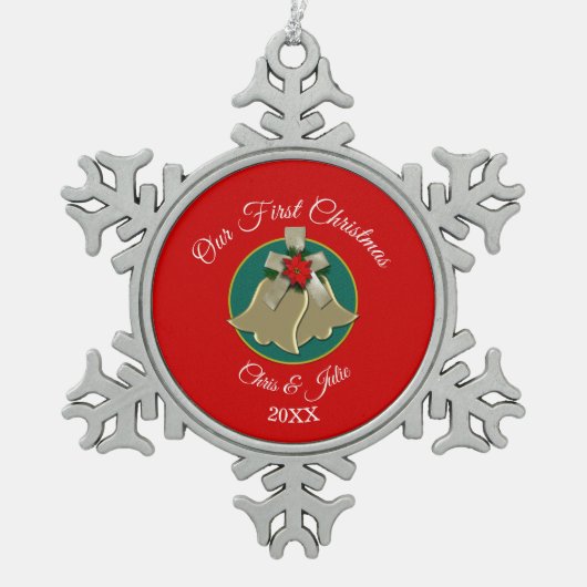 Twin Gold Bells Onze Eerste Kerstmis Tin Sneeuwvlok Ornament (Voorkant)