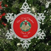 Twin Gold Bells Onze Eerste Kerstmis Tin Sneeuwvlok Ornament