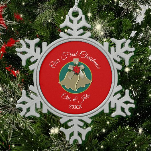 Twin Gold Bells Onze Eerste Kerstmis Tin Sneeuwvlok Ornament