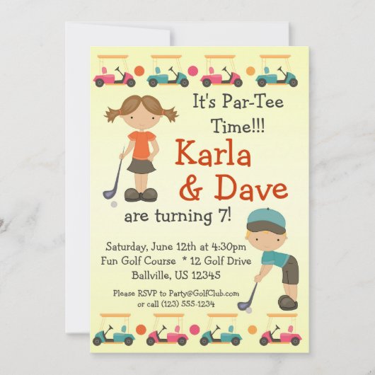 Twin Golfer Golf Birthday Party Invitation Kaart (Voorkant)