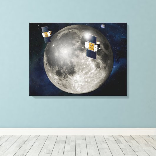 Twin Grail ruimtevaartuig in een baan om de maan. Canvas Afdruk (Insitu (Houten vloer))