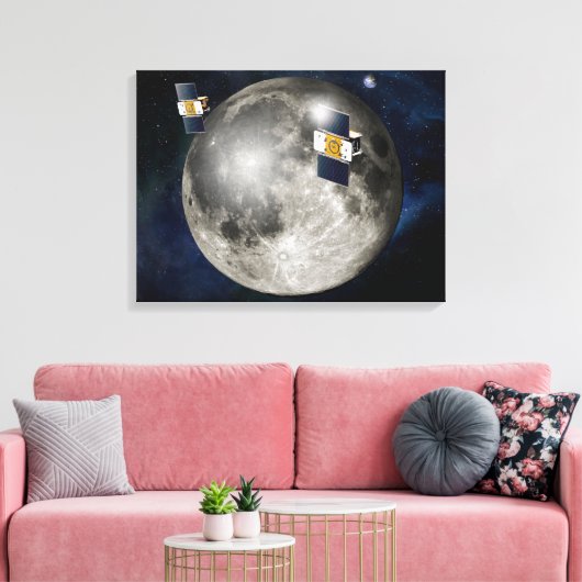 Twin Grail ruimtevaartuig in een baan om de maan. Canvas Afdruk (Insitu (Woonkamer))