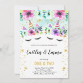 Twin Green Floral Eenhoorn Verjaardag Uitnodiging (Voorkant)