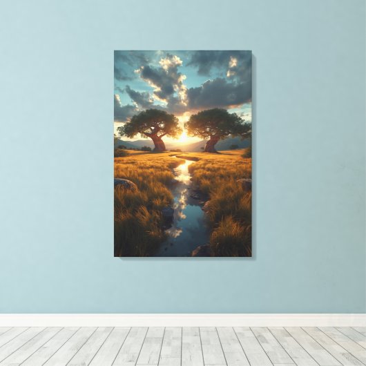 Twin Guardians – Golden Meadow Sunset Canvas Print (Insitu (Houten vloer))