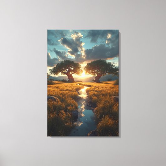 Twin Guardians – Gouden Weide Zonsondergang Canvas Afdruk (Voorkant)