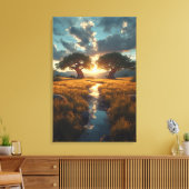Twin Guardians – Gouden Weide Zonsondergang Canvas Afdruk (Insitu (Woonkamer))