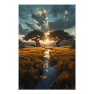 Twin Guardians – Gouden Weide Zonsondergang Poster