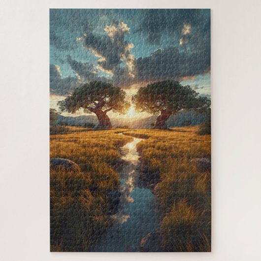 Twin Guardians – Gouden Weide Zonsondergang Puzzel (Verticaal)