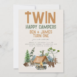 Twin Happy Camper Waterverf Woodland 1e verjaardag Kaart