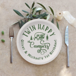 Twin Happy Campers bruin minimalistisch 1e verjaar Papieren Bordje