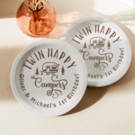 Twin Happy Campers bruin minimalistisch 1e verjaar Papieren Bordje