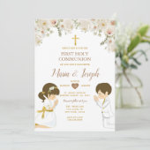 TWIN Jongen Meisje Bidden Eerste Heilige Communie  Kaart (Staand voorkant)
