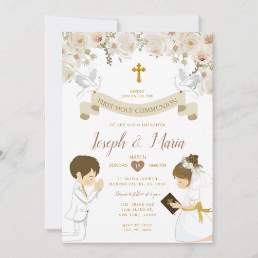 TWIN Jongen Meisje Bidden Eerste Heilige Communie  Kaart (Voorkant)
