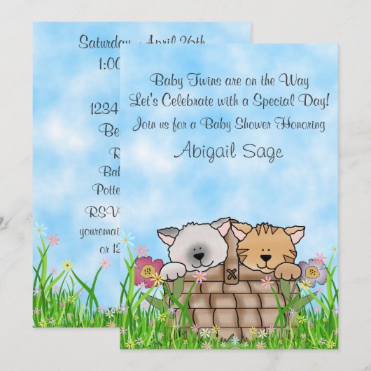 Twin Kittens en bloemen Baby shower Uitnodiging (Voorkant / Achterkant)