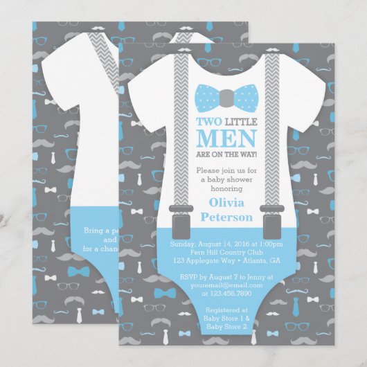 Twin Kleine Mannen Baby shower Invitation, Baby Bl Kaart (Voorkant / Achterkant)