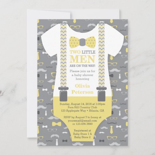 Twin Kleine Mannen Baby shower uitnodiging, geel Kaart (Voorkant)