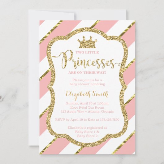Twin kleine prinsessen douche uitnodigen, faux gli kaart (Voorkant)