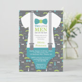 Twin Little Man Baby shower Invitation, Blauwgroen Kaart (Staand voorkant)