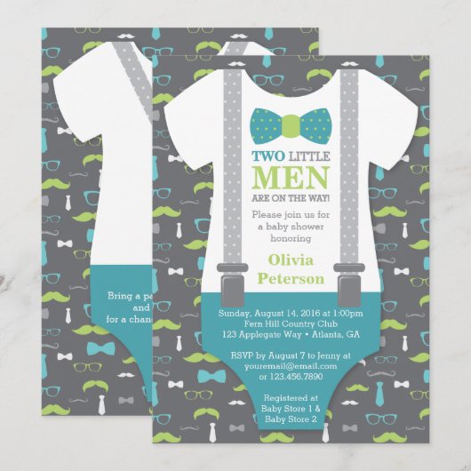 Twin Little Man Baby shower Invitation, Blauwgroen Kaart (Voorkant / Achterkant)