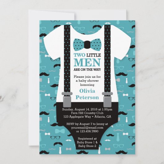 Twin Little Mannen Baby shower Uitnodiging, Blauwg Kaart (Voorkant)