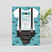 Twin Little Mannen Baby shower Uitnodiging, Blauwg Kaart (Staand voorkant)