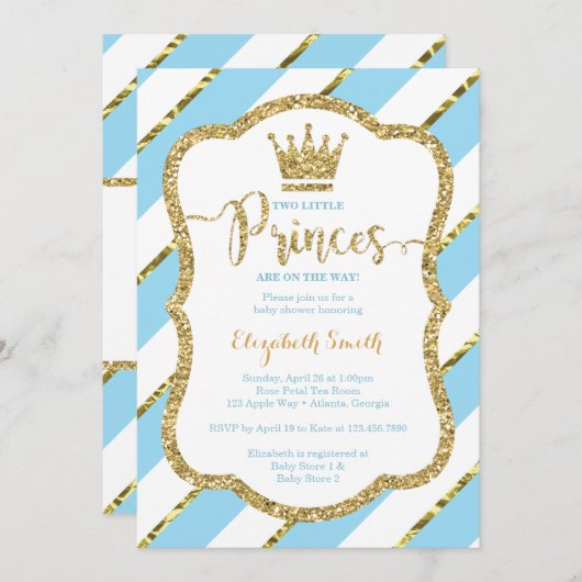 Twin Little Princes Douche Uitnodigen, Faux Glitte Kaart (Voorkant / Achterkant)