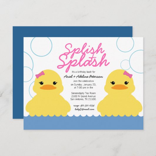 Twin meisje ANY AGE rubber DUCKY VERJAARDAGSFEEST Kaart (Voorkant / Achterkant)