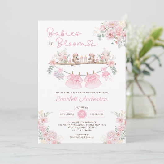 Twin Meisje Baby Kleding Roze Bloemen Baby shower Kaart (Staand voorkant)