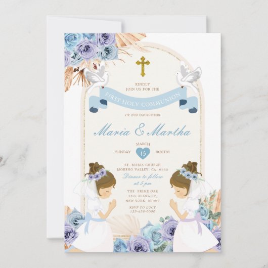 TWIN Meisje Bidden Eerste Heilige Communie Blauwe  Kaart (Voorkant)