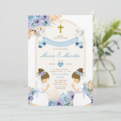 TWIN Meisje Bidden Eerste Heilige Communie Blauwe  Kaart (Staand voorkant)